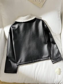 SHEIN 少女秋冬街头时尚PU复合材质保暖内衬撞色领加厚机车夹克，适合秋冬季日常穿着，Y2K风格 - 黑色 - 查看 9