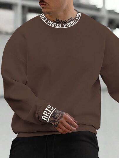 Manfinity Homme Men's Letter Print Crew Neck Dropped Shoulder Long Sleeve Casual Loose Sweatshirt Mens Brown Sweatshirt Mens Graphic Crewneck Brown Sweatshirt Brown Graphic Sweatshirt Brown Sweater Men Old Money,Daily Leisure, Weekend Trips, Outdoor Activities, Travel Expeditions, Relaxed Work Environments Or Semi-Formal Occasions,Boyfriend/Husband Gift, Anniversary Gift Christmas Outfits Mens Brown Graphic Sweatshirt