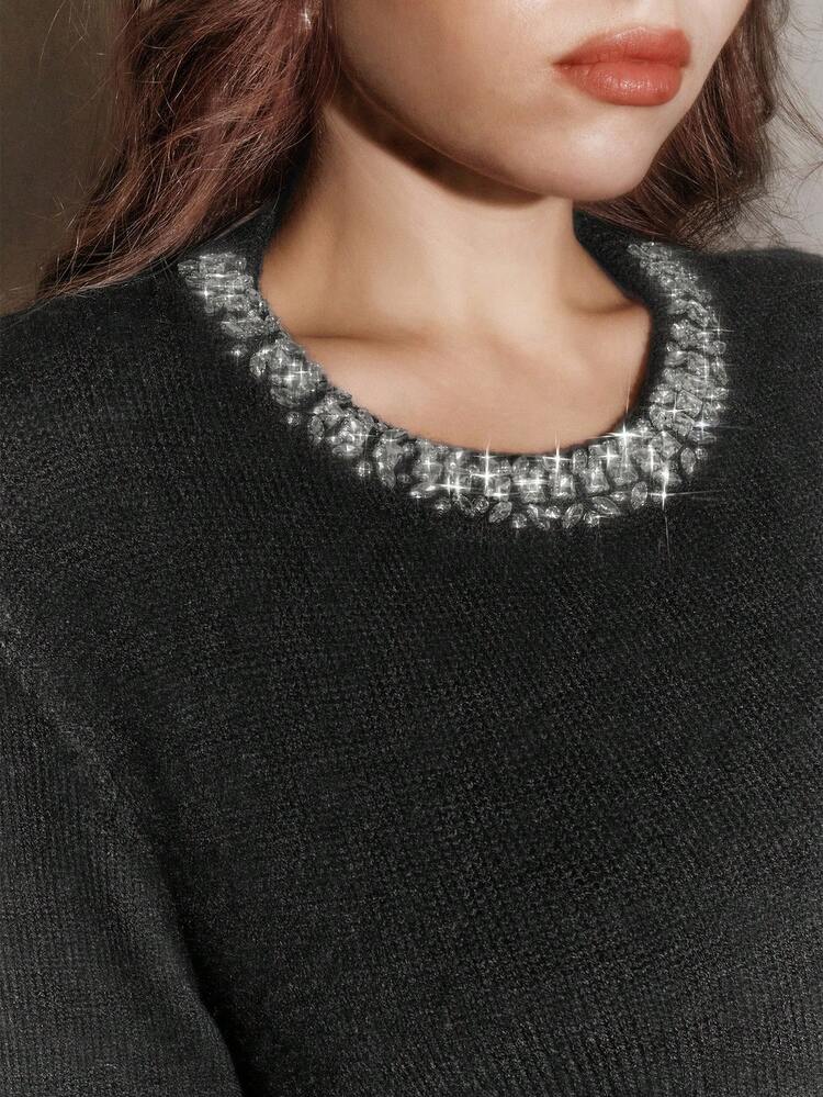 Valentine Women's Winter Sweater, Fashionable Rhinestone Embellished Crew Neck, Sweet & Youthful, Versatile Long Sleeve Black Knit Goddess-Level Plus Size Pullover Top, Suitable For Fall, Winter, New Year, Party, Wedding, Elegant, Chic, Stylish