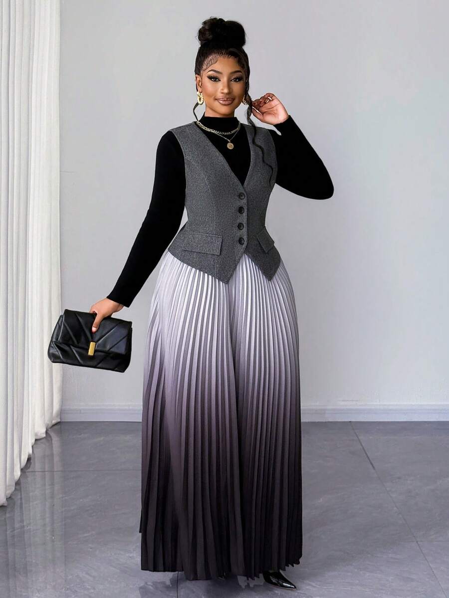 Maweii Plus Size Women's Black And White Ombre Print Pleated 2-Piece Set,Elegant Formal Summer Fashion Woolen Vest,Casual Daily Party Work Outing New Year - Multicolor - View 1