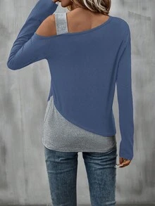 EMERY ROSE Two Tone Asymmetrical Neck Tee Graphic Tees Women Tops - Navy Blue - View 2