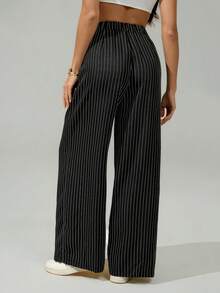 SHEIN Tall 女士休闲条纹阔腿裤 - 黑色 - 查看 2
