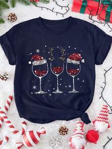 EMERY ROSE Christmas Wine Glass & Santa Hat Snowflake Print Round Neck Short Sleeve Fashionable Plus Size T-Shirt - Blue - View 3