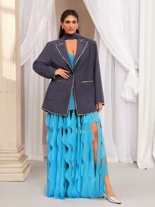 VOLUPTÉ CURVE Plus Size Summer Blue Knit V-Neck Sleeveless Layered Ruffle Fringe Deep Waist Backless Maxi Elegant Dress For Wedding, Party, Beach, Birthdays - Blue - View 4