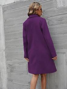 SHEIN LUNE 女式纯色翻领长袖双排扣休闲羊毛大衣，秋冬 - 紫色 - 查看 2