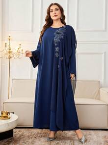 Al Najma New Elegant Sequin Embroidered Long Sleeve Slim Maxi Dress - Royal Blue - View 3