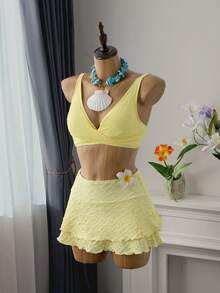 Bellisia Women's Yellow Textured Criss-Cross Bikini Top Women's Beach Fashion Women's Beach Fashion Beach Outfits For Women Cross-Over Push-Up Swimsuit Top Yellow Summer Set Yellow Yellow Skirt Set Skirt Swimsuit Set Summer Skirt And Top Set - Yellow - View 1