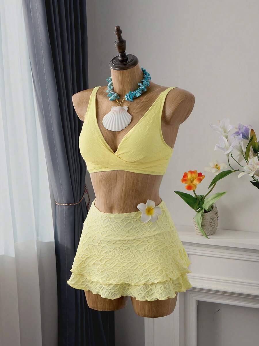 Bellisia Women's Yellow Textured Criss-Cross Bikini Top Women's Beach Fashion Women's Beach Fashion Beach Outfits For Women Cross-Over Push-Up Swimsuit Top Yellow Summer Set Yellow Yellow Skirt Set Skirt Swimsuit Set Summer Skirt And Top Set - Yellow - View 1