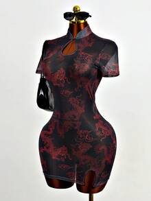 Mistrie Dragon Print Mesh Bodycon Mini Dress For Women,Red And Black,Summer,Seductive,Club Night Elegant Party Dresses,New Year's Eve Outfit,Black Skirt - Red - View 6