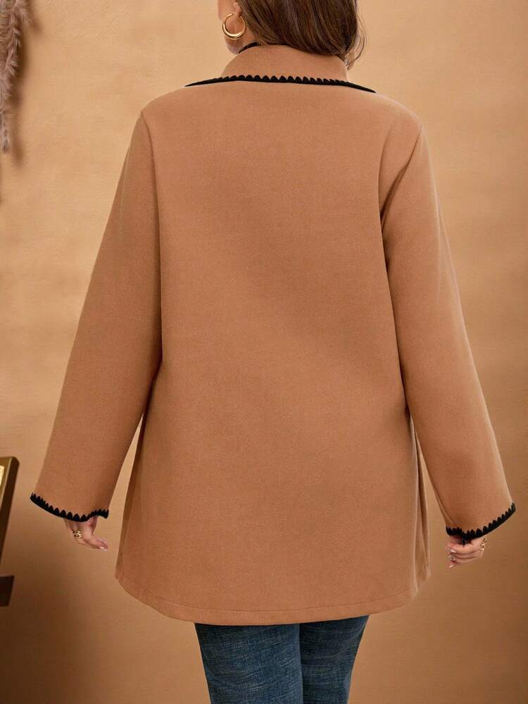 Plus Size Women's Fall Casual Elegant Long Sleeve Pockets Solid Color Brown Contrast Embroidered Black Trim Warm Overcoat,Autumn/Winter,Going Out, New,Fall