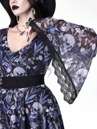 Goth Gothic Dark Style Witch Skull & Herb Print Contrast Lace Trim Asymmetrical Hem Flare Sleeve Dress