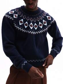 SUMWON Men Crew Neck Fair Isle Nordic Pullover Knit Sweater With Diamond Pattern Winter Holiday Casual - Navy Blue - View 1