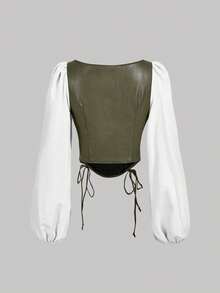 SHEIN MOD 女士绿白PU拼接灯笼袖衬衫 - 軍綠色 - 查看 2