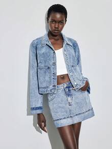 Maija 女士长袖单排扣口袋牛仔外套和牛仔迷你裙休闲套装，都市通勤商务休闲装 - 中等水洗藍 - 查看 1