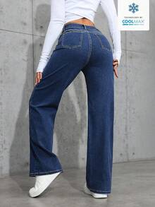 SHEIN ICON 女式直筒宽松休闲牛仔裤，带口袋，百搭 - 深色水洗藍 - 查看 2