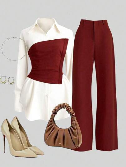 Franclia 2pcs Set: Waist Cinching Shirt & Wide Leg Pants, Slimming Design, Lapel Collar