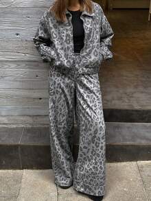 DAZY Women's Casual Leopard Print Collar Denim Suit, Autumn/Winter - Grey - View 4