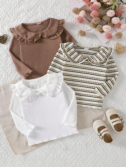 SHEIN 3pcs Baby Girls Elegant Peter Pan Collar Striped Long Sleeve T-Shirt, Cute & Fashionable For Home, Outdoor, Vacation, All Seasons