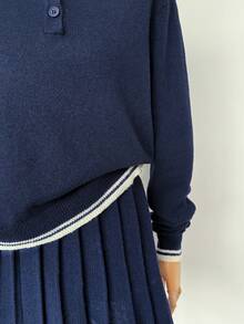 Muvela Women's Polo Neck Long Sleeve Wool Sweater, Retro College Style, Casual & Comfortable For Daily Wear, Back To School, Afternoon Tea, Autumn