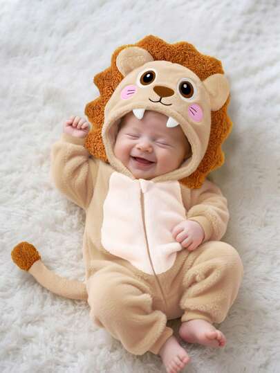 SHEIN Newborn Cute Plush Lion Shaped Outfit, Embroidered Lion Hat, Long Sleeve Jumpsuit With Pants, Baby Costume Outfit