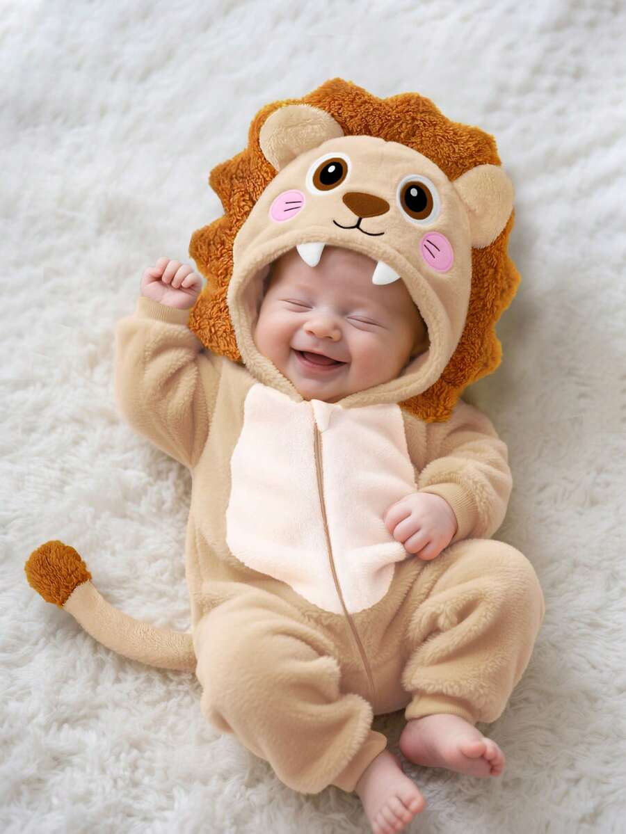 SHEIN Newborn Cute Plush Lion Shaped Outfit, Embroidered Lion Hat, Long Sleeve Jumpsuit With Pants, Baby Costume Outfit - Khaki - View 1