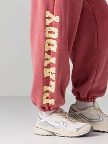 Missguided x Playboy 女士印花水洗阔腿慢跑运动裤，休闲家居服 - 紅木色 - 查看 4