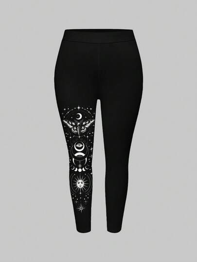 Gothic Mysterious Butterfly, Sun, Moon, Star, Magic Zodiac Cross All-Over Print Elastic Plus Size Black Leggings