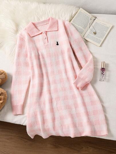 SHEIN Sparklyn 女童优雅简约粉色格子针织连衣裙，秋冬季，可爱兔子刺绣长袖毛衣连衣裙