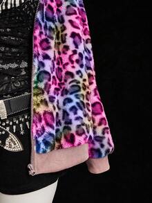 Sweetra Leopard Faux Fur Minimalist Hat & Short Vintage Casual Jacket - Multicolor - View 3