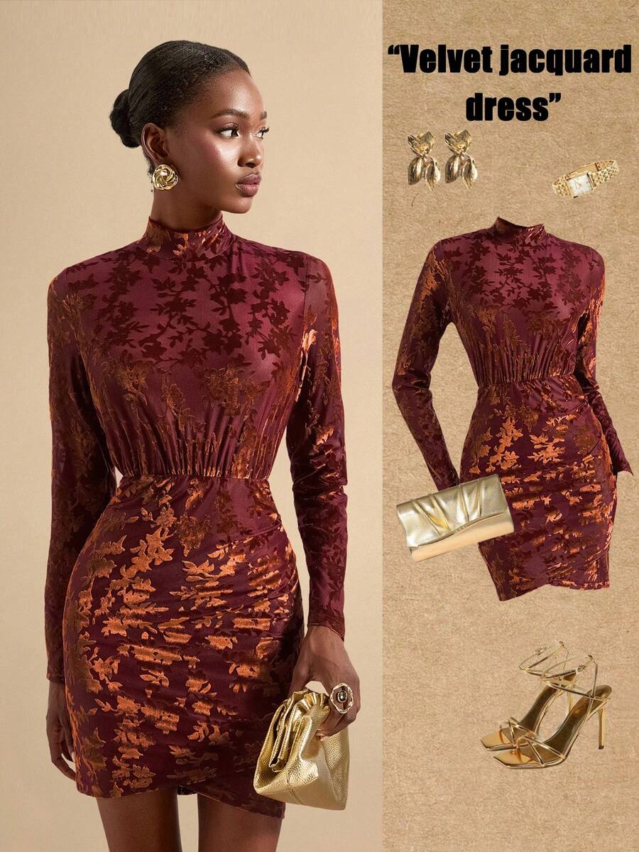 Vesra 天鹅绒烂花裹身优雅女式短裙 - 鏽棕色 - 查看 1