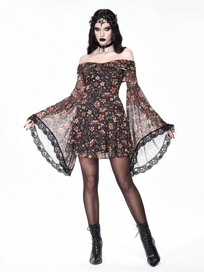 Goth Vestido con estampado todo sobre de hoja marchita, polilla, floral, estrella y seta con mangas acampanadas y hombros descubiertos en estilo gótico vintage