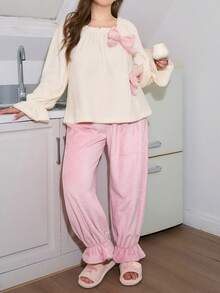 Slumberry CURVE Bộ đồ ngủ tay chuông màu tương phản họa tiết nơ xinh xắn ngày lễ tình nhân cỡ lớn, quần áo mùa đông ấm áp mềm mại - Nhiều màu - Xem 5