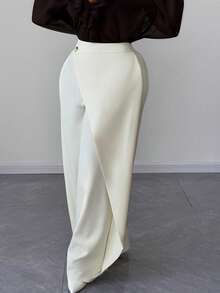 Maweii Plus Size Women's Solid Color Pocket Patchwork Design Wide Leg Loose Pants - Beige - View 5