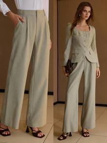 MOTF PREMIUM 女士优雅休闲褶皱阔腿裤，配有水钻纽扣，简约通勤和日常穿着 - 綠色 - 查看 8