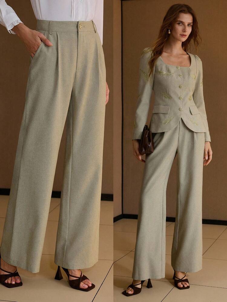 라인스톤 버튼이 달린 여성용 우아한 캐주얼 주름 플리츠 와이드 레그 팬츠, 출퇴근 및 일상복을 위한 미니멀리스트