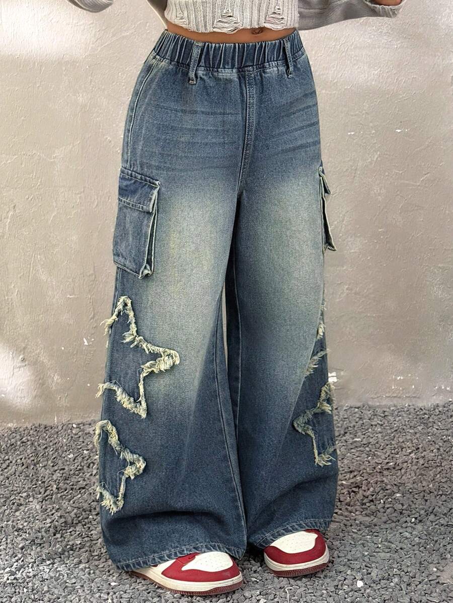 Coolane 青少年女孩休闲破洞星星图案牛仔裤,日常穿着,秋季,返校服装 - 藍色 - 查看 1