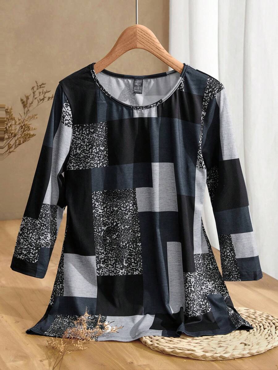 EMERY ROSE Women's Geometric Print Round Neck 3/4 Sleeve Casual Versatile T-Shirt, Suitable For Daily Wear