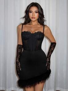 Chiquease Women's Solid Color Faux Fur Patchwork Bodycon Mini Skirt Black Corset Skirt Bustier Skirt Black Club Skirt Sexy Date Night Skirt Built In Bra Skirt - Black - View 3