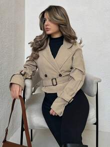 Jemour 女式卡其色短款休闲宽松夹克（配腰带）、秋季外套、秋季大衣、秋装、邮轮女装、返校装 - 卡其色 - 查看 6