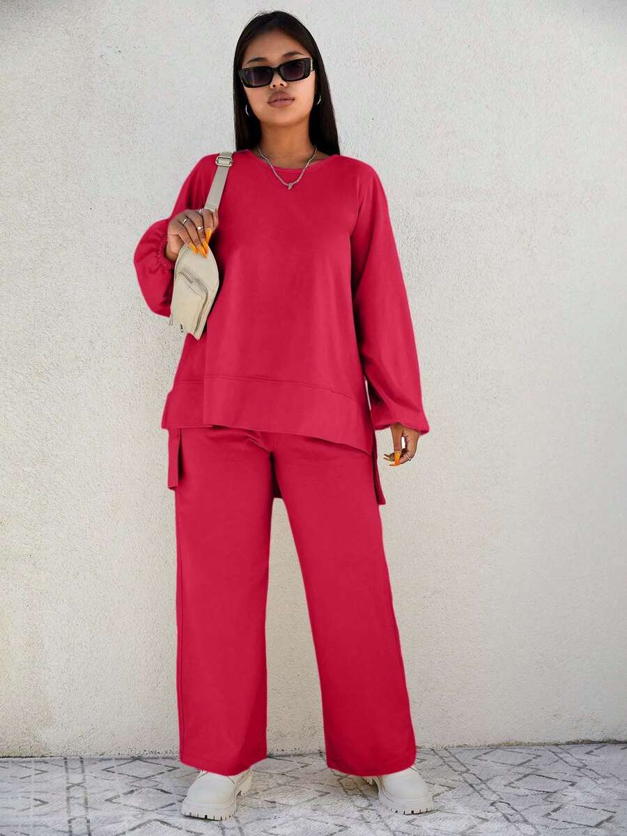 RueChic Plus Size 2pcs/set Outfit, Short Front And Long Back Style - Hot Pink - View 1