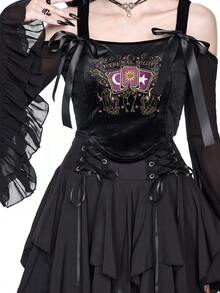 ROMWE Goth 神秘塔罗牌与星空刺绣露肩喇叭袖丝绒上衣 - 黑色 - 查看 6