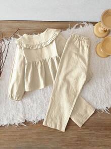 SHEIN Vintaside Kids Set de 2 piezas de top con cuello marrón y pantalones marrones para niña, conjunto informal todo a juego de estilo campestre, adecuado para otoño/invierno, material de algodón - Caqui - Ver 2