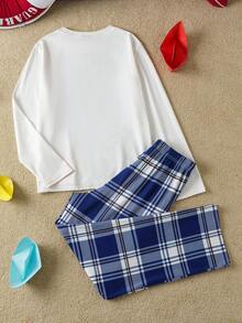 Popeye X SHEIN 2pcs Tween Boy Casual Graphic Crew Neck Long Sleeve T-Shirt & Plaid Pattern Relaxed Fit Flame Retardant Pants Pajama Set