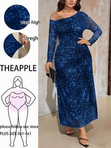 Roveilla 大码女式豹纹褶皱不对称长袖连衣裙 - 藏蓝色 - 查看 1