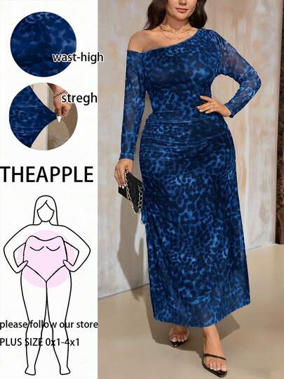 Roveilla Plusstorlek Dam Leopardmönster Rynkad Asymmetrisk Långärmad Klänning