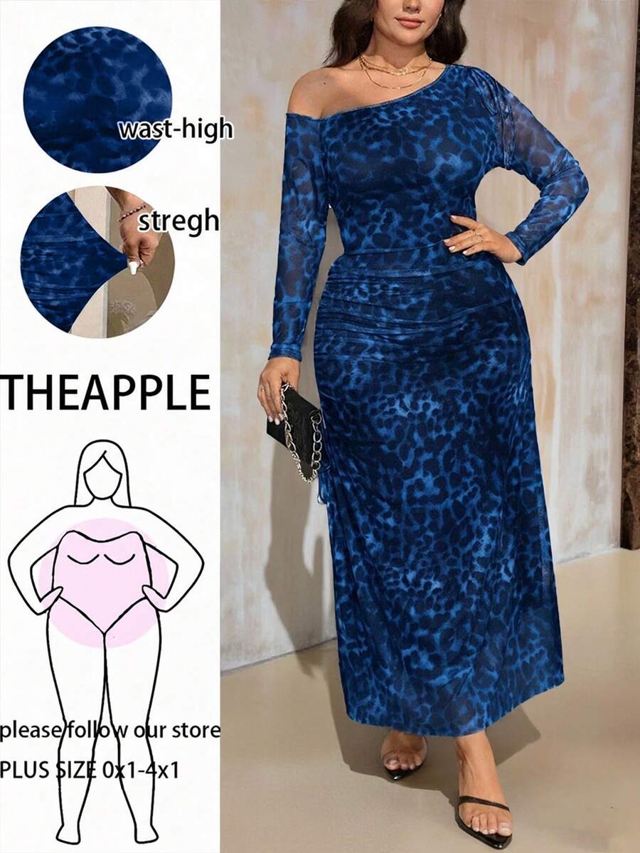 Roveilla 大码女式豹纹褶皱不对称长袖连衣裙 - 藏蓝色 - 查看 1
