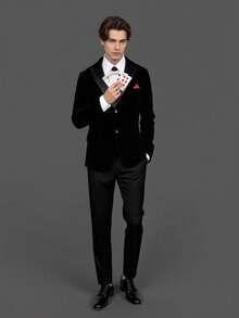 SHEIN 2pcs/Set Teen Boy Gentleman Outfit, Black Contrast Collar & Chest Slim Fit Single Layer Velvet Blazer Jacket + Black Textured Dress Pants, Elegant, Casual Outdoor Formal Suit For Birthday Party, Gala, Performance, Hosting, Wedding Season, Birthday, Wedding, Wedding Guest, Pageboy, Ring Boy - Black - View 1