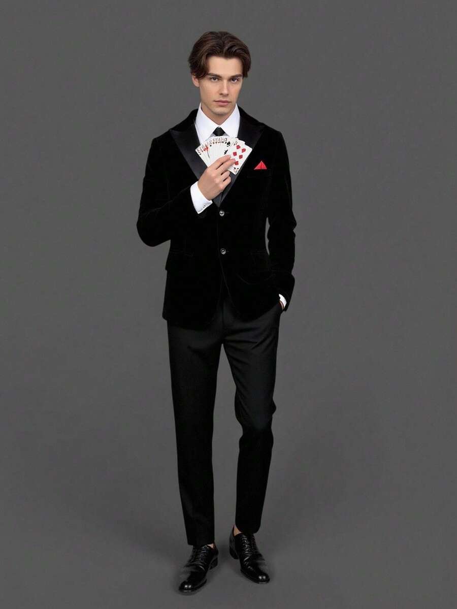 SHEIN 2pcs/Set Teen Boy Gentleman Outfit, Black Contrast Collar & Chest Slim Fit Single Layer Velvet Blazer Jacket + Black Textured Dress Pants, Elegant, Casual Outdoor Formal Suit For Birthday Party, Gala, Performance, Hosting, Wedding Season, Birthday, Wedding, Wedding Guest, Pageboy, Ring Boy - Black - View 1