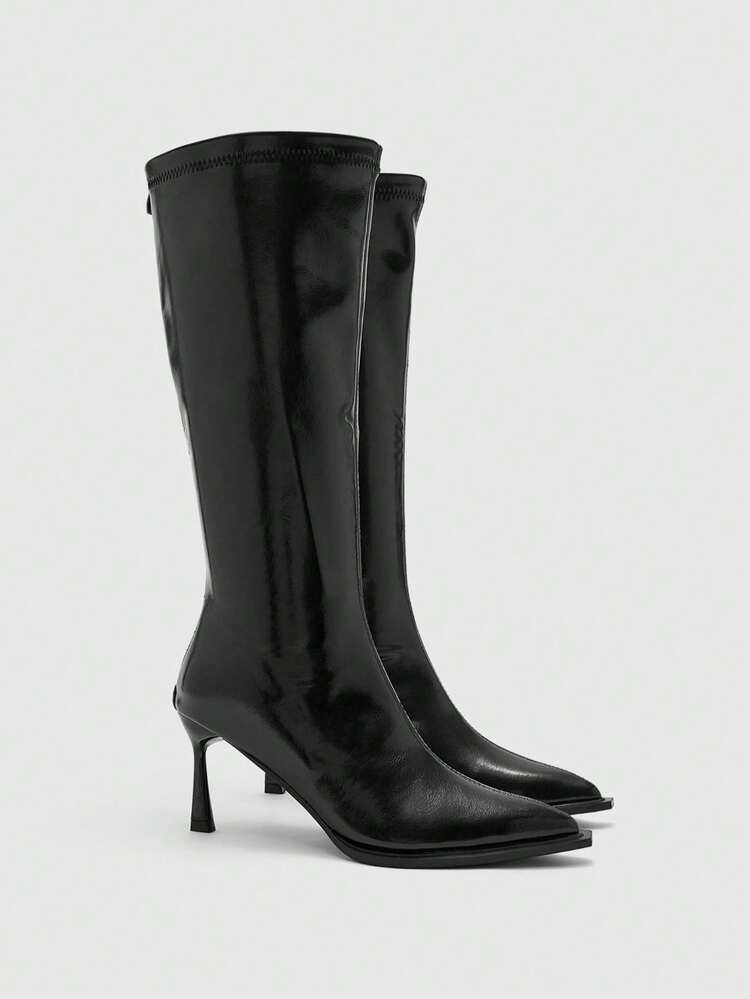 CUCCOO BIZCHIC ​​Glossy Pointed Heel Boots | Sleek Silhouette Design | Mid-Heel Comfort | Minimalist Women's Boots | 2 Pairs, Premium Faux Leather​​