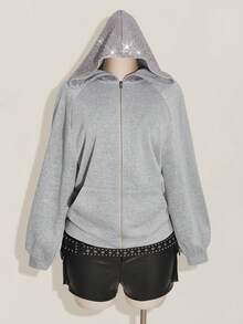 SHEIN ICON 大码女式长袖拉链亮片休闲卫衣/冬季 - 灰色 - 查看 5